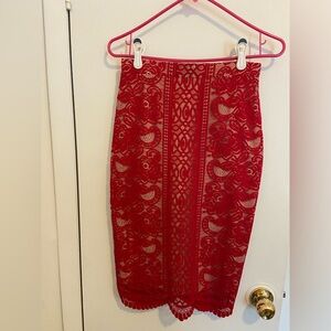 love, Fire Vibrant Red Lace Pencil Skirt